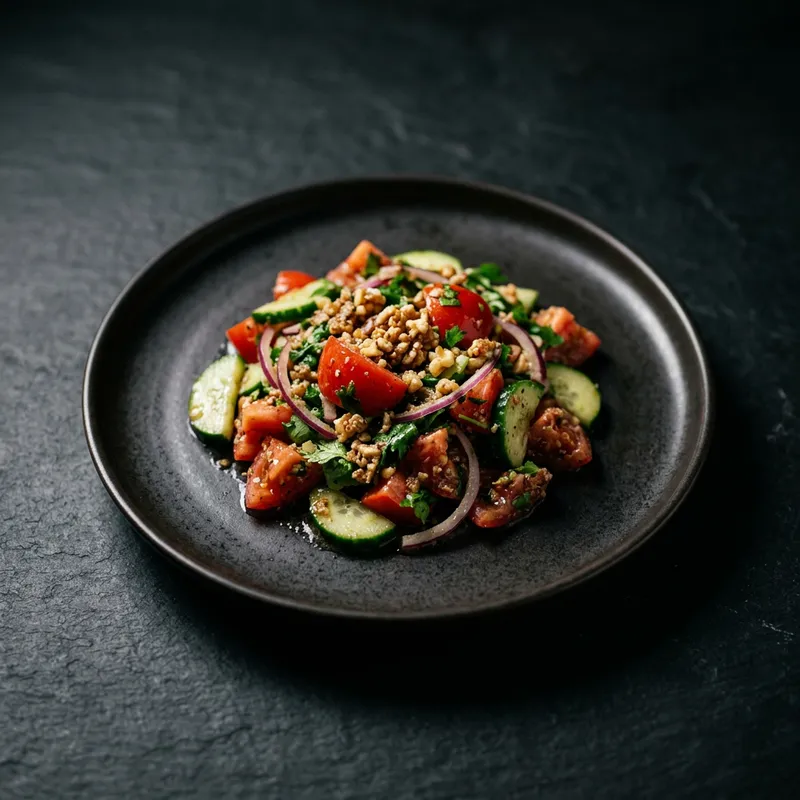 კიტრი-პომიდვრის სალათი ნიგვზით